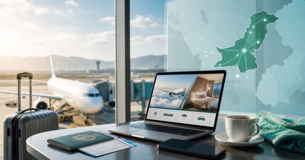 Online travel booking in Pakistan with airplane and digital route map