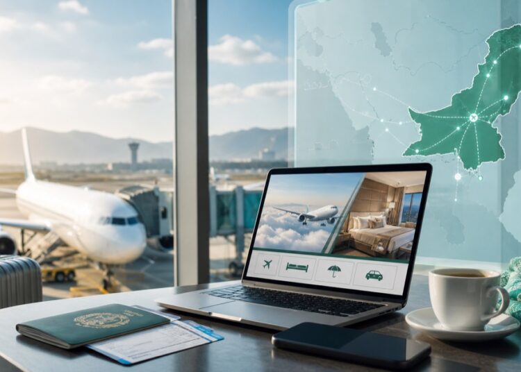 Online travel booking in Pakistan with airplane and digital route map